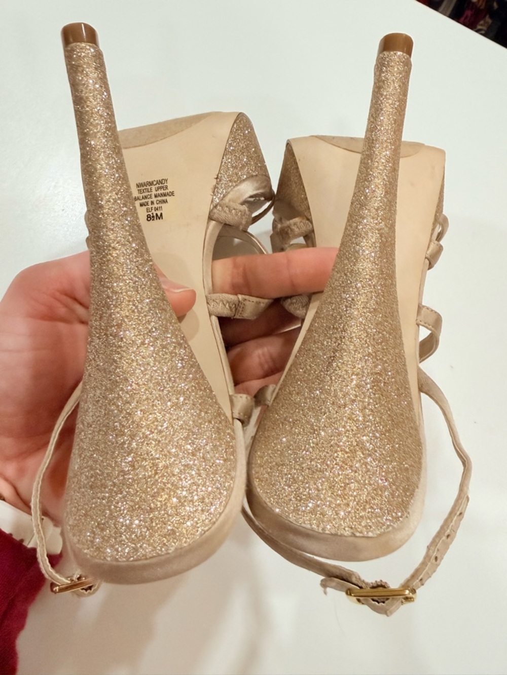 Nine West Nude Gold Glitter Platform Heels Strappy Stiletto Sandals Size 8 - Picture 17 of 17